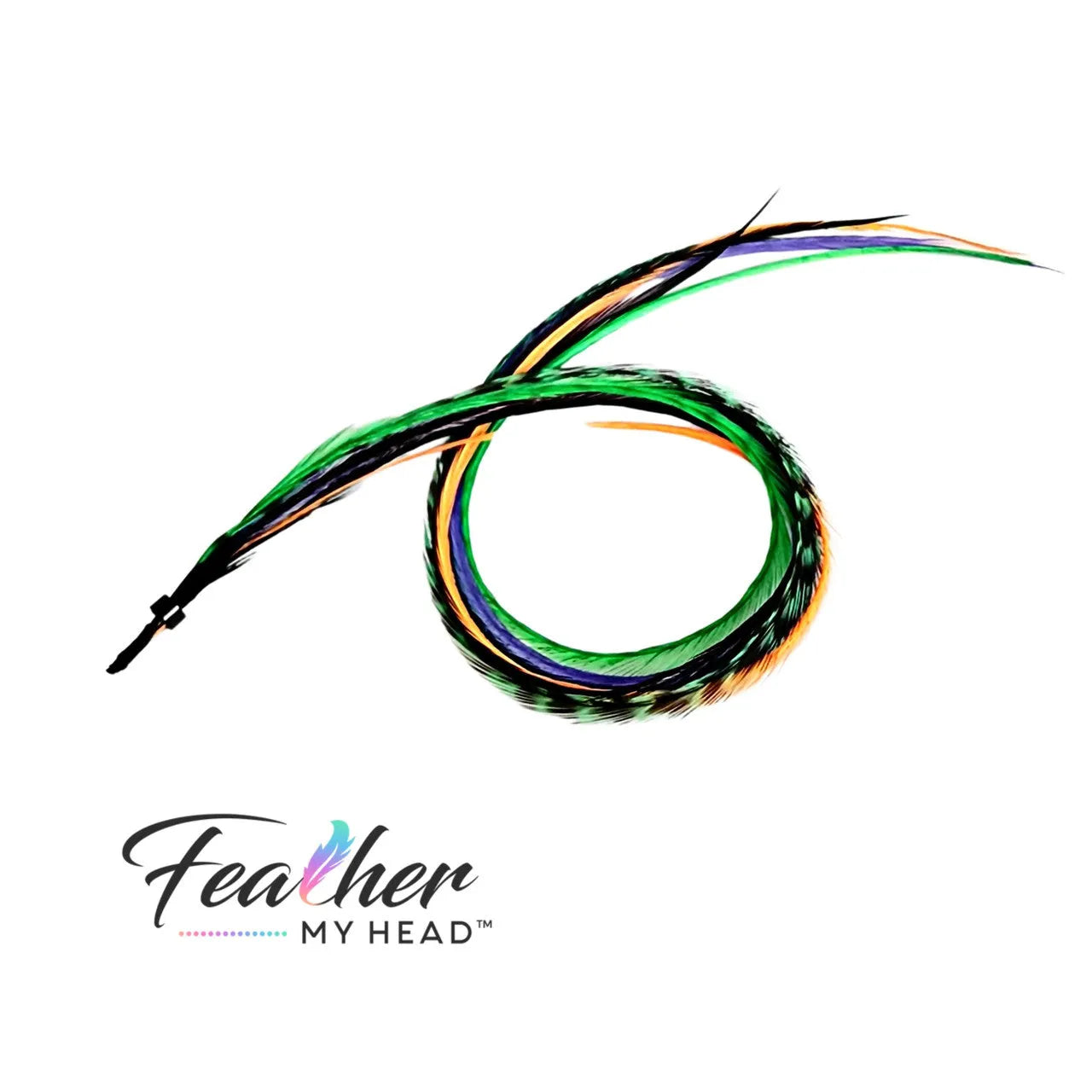 Feather Hair Extension Kit by Feather My Head. Mix of  orange, purple, black feathers and green.  Real hair feathers in long lengths. Halloween costume accessory