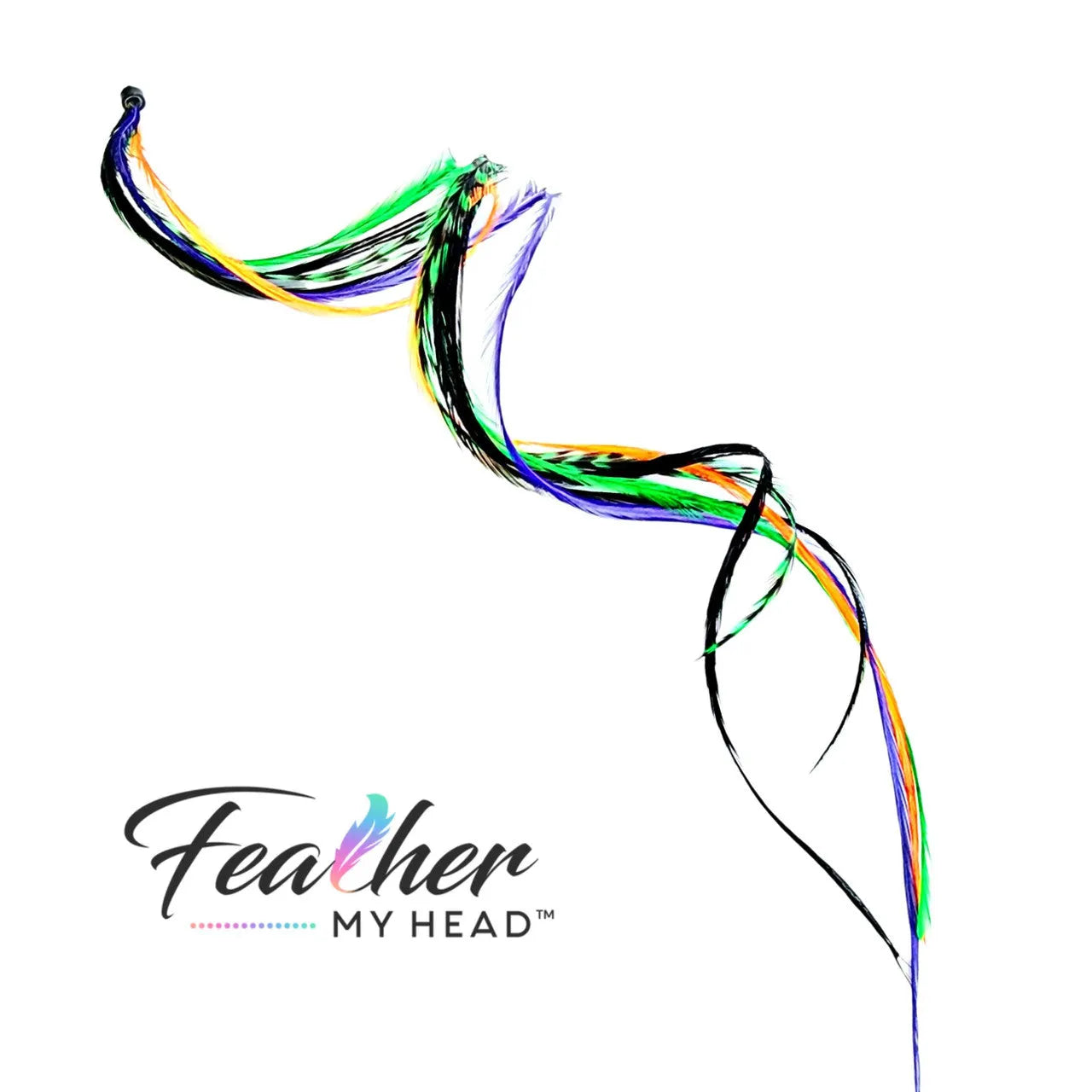 Feather Hair Extension Kit by Feather My Head. Mix of  orange, purple, black feathers and green.  Real hair feathers in long lengths. Halloween costume accessory