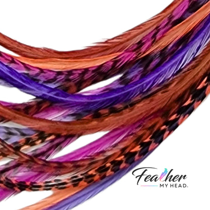Close-up of Hippie Shake rooster feather hair extensions showing purple feather patterns.
