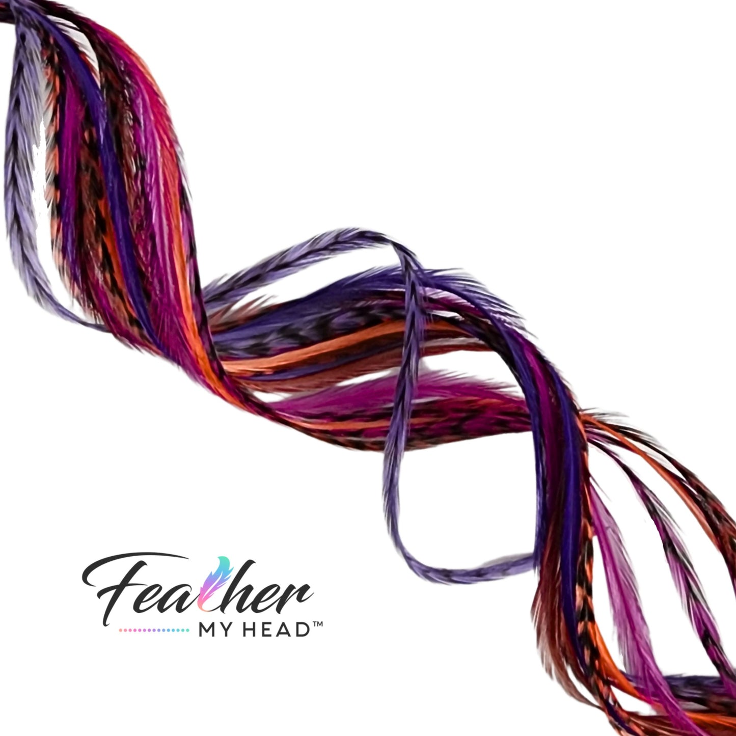 Hippie Shake feather hair extensions arranged in a pink and purple color blend.