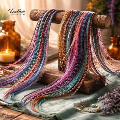 Long Hippie Shake feather hair extensions with pink and purple feather colors.