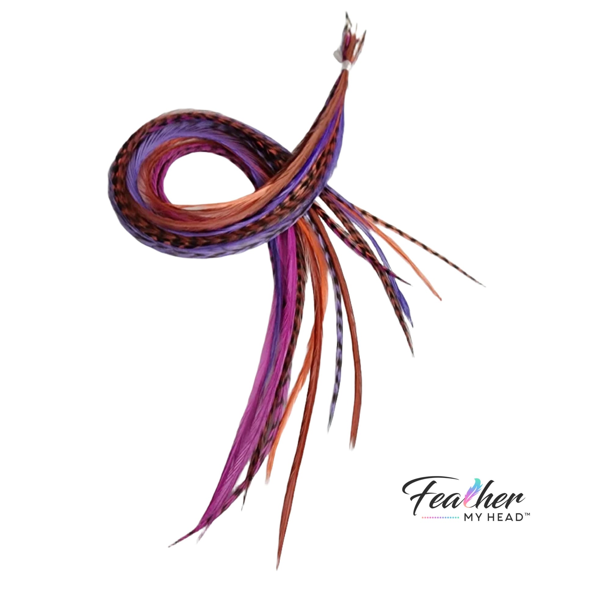 Hippie Shake feather hair extensions with pink, purple, and brown rooster feathers.