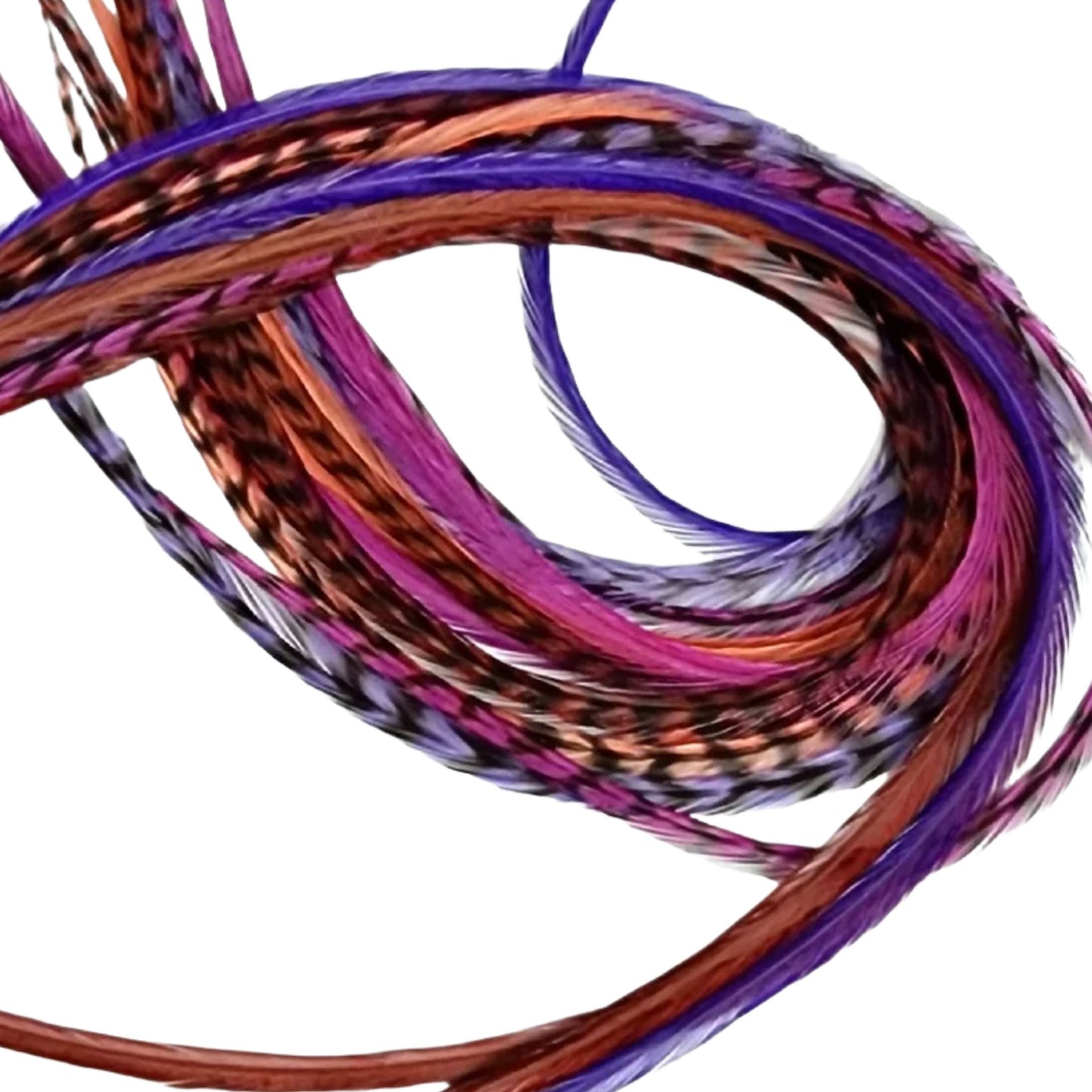 Hippie Shake feather hair extension mix featuring purple and pink rooster feathers.