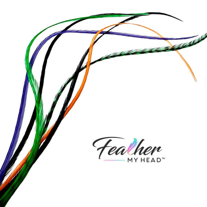 Feather Hair Extension Kit by Feather My Head. Mix of  orange, purple, black feathers and green.  Real hair feathers in long lengths. Halloween costume accessory