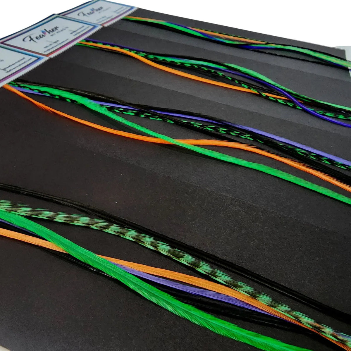 Hocus Pocus Halloween hair feather extensions in purple, orange, green and black