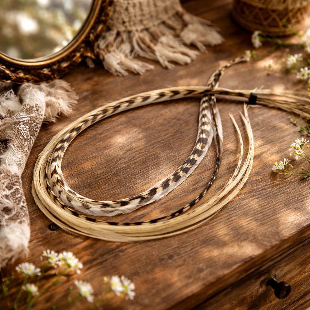 Island Girl feather hair extensions styled in a coiled bundle with soft cream, beige, and natural speckled feathers on a rustic wood surface