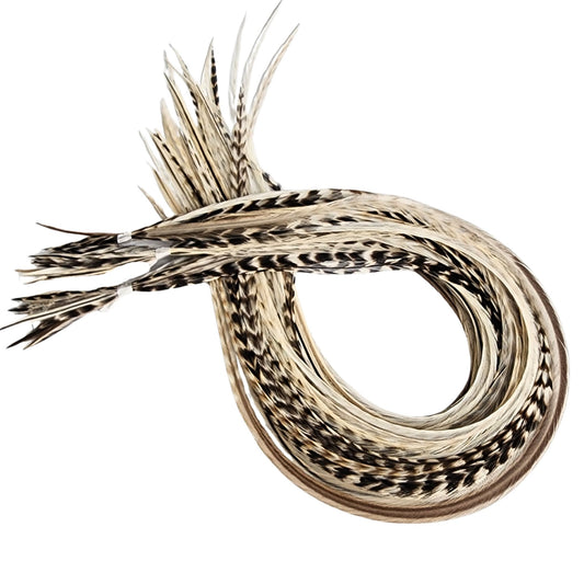 Island Girl feather hair extensions fanned out in soft cream, beige, and natural variegated tones