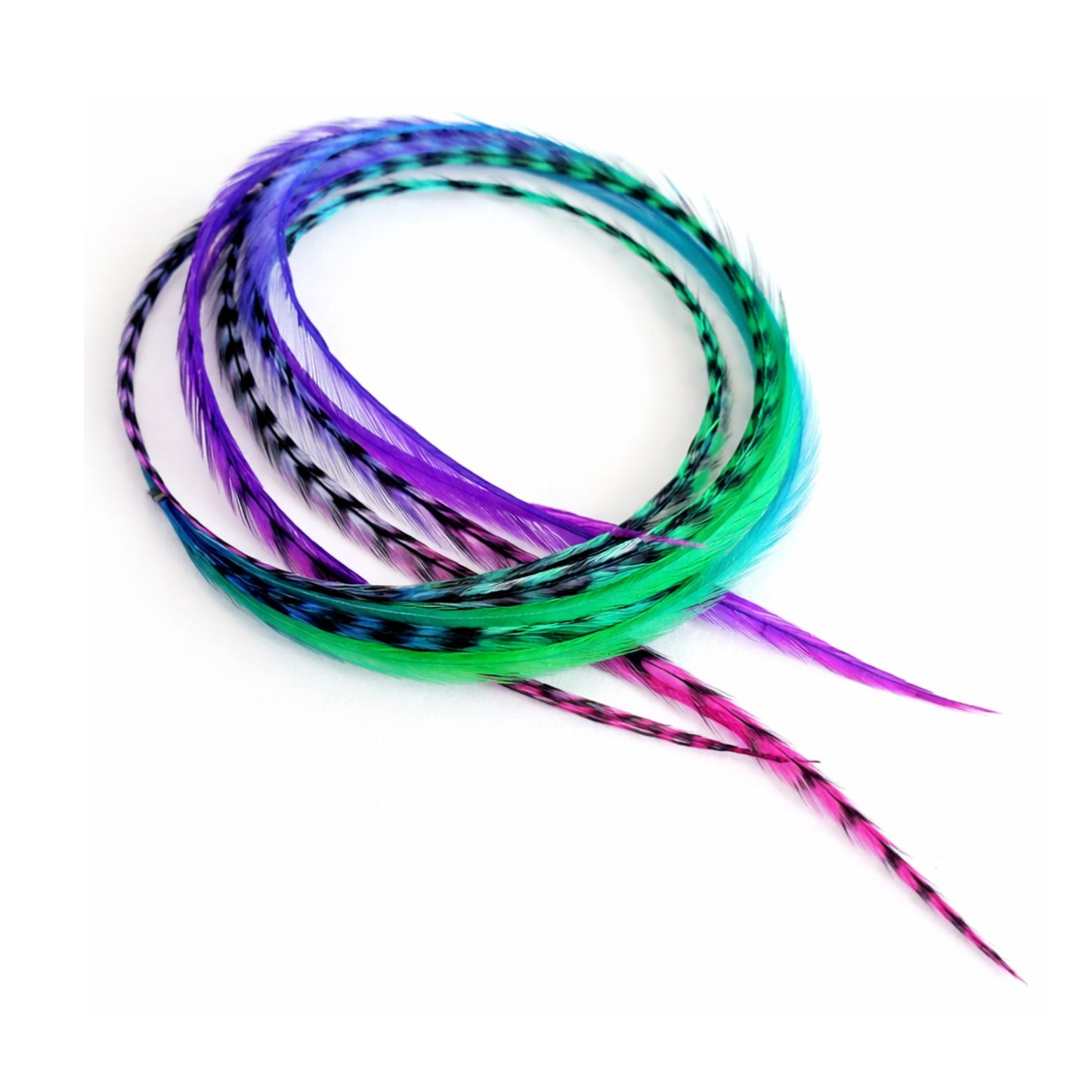 flowing rainbow hair feathers purple green blue long feather extensions natural curve