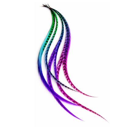rainbow feather hair extensions styled in hair long purple green blue feathers blended naturally