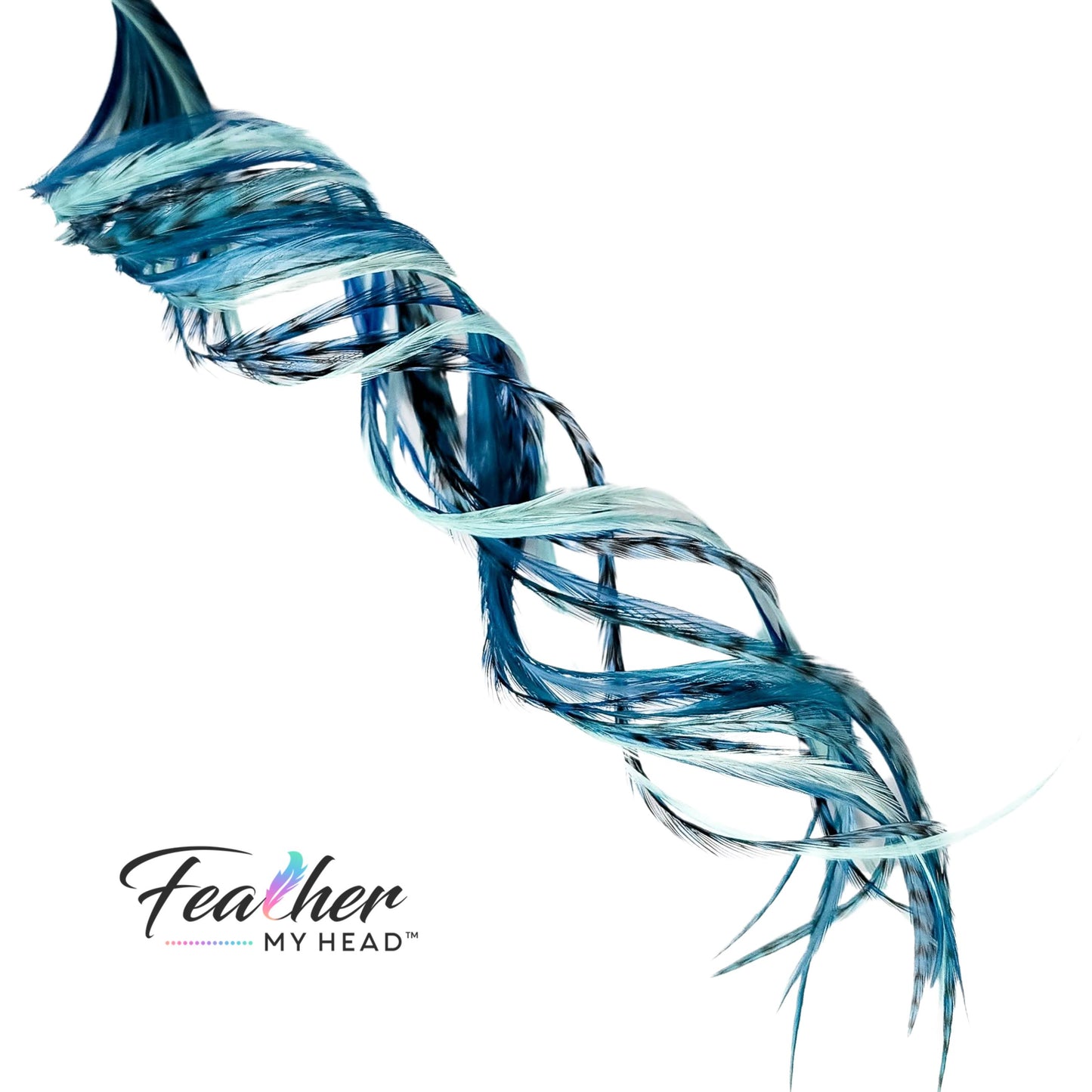 Heat-safe curled Sea Glass feather hair extensions in blue, aqua, and seafoam tones