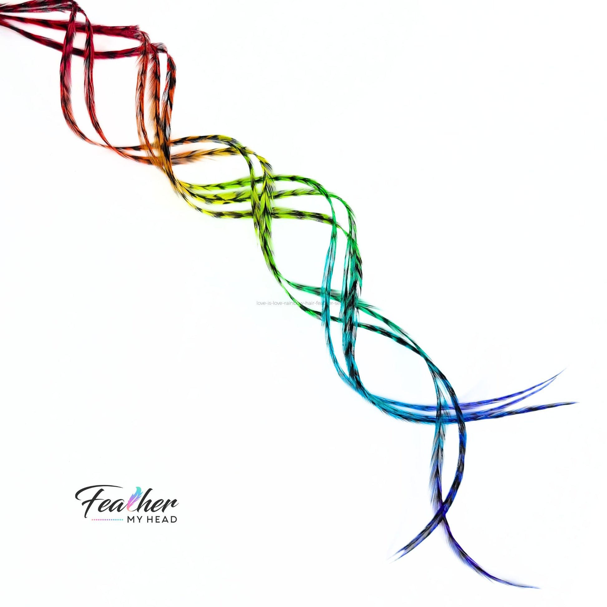 Love Is Love rainbow hair feather extensions curled to show heat-friendly styling and vivid multi-color detail