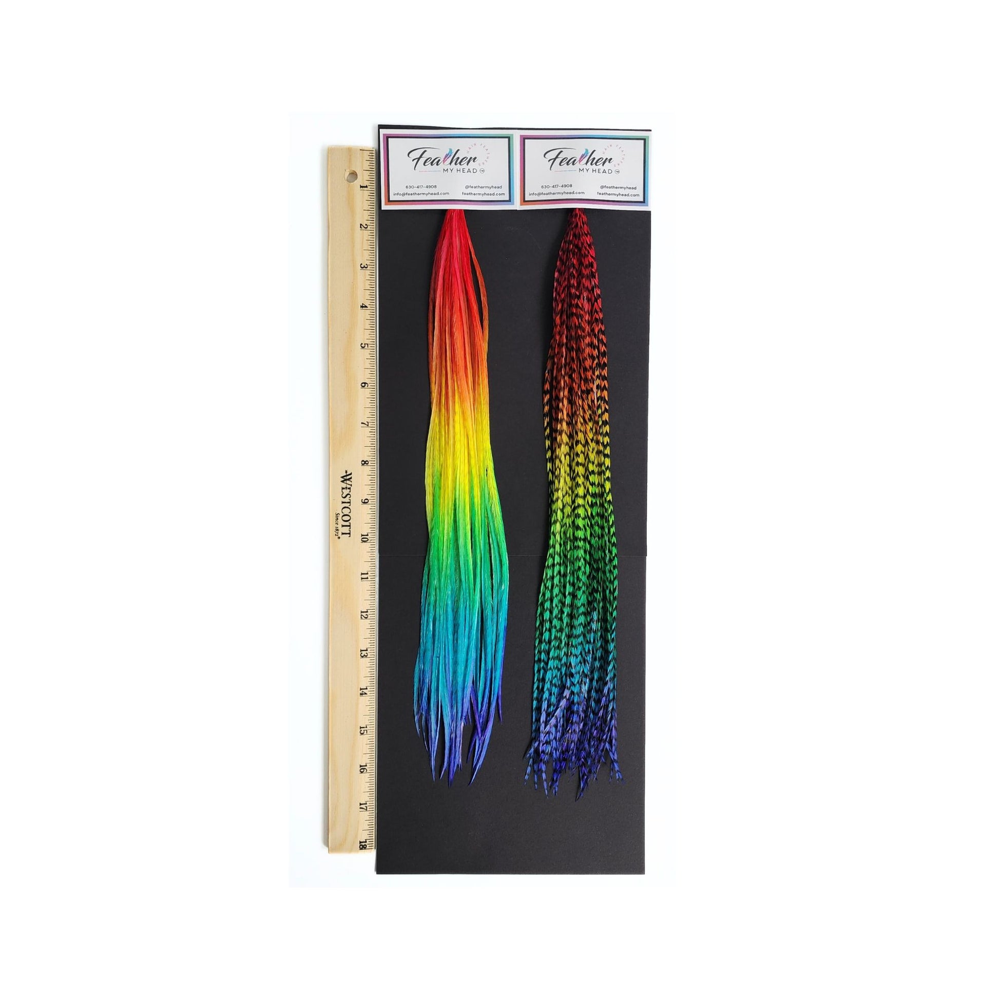 Packaged Love Is Love rainbow feather hair extensions with length reference