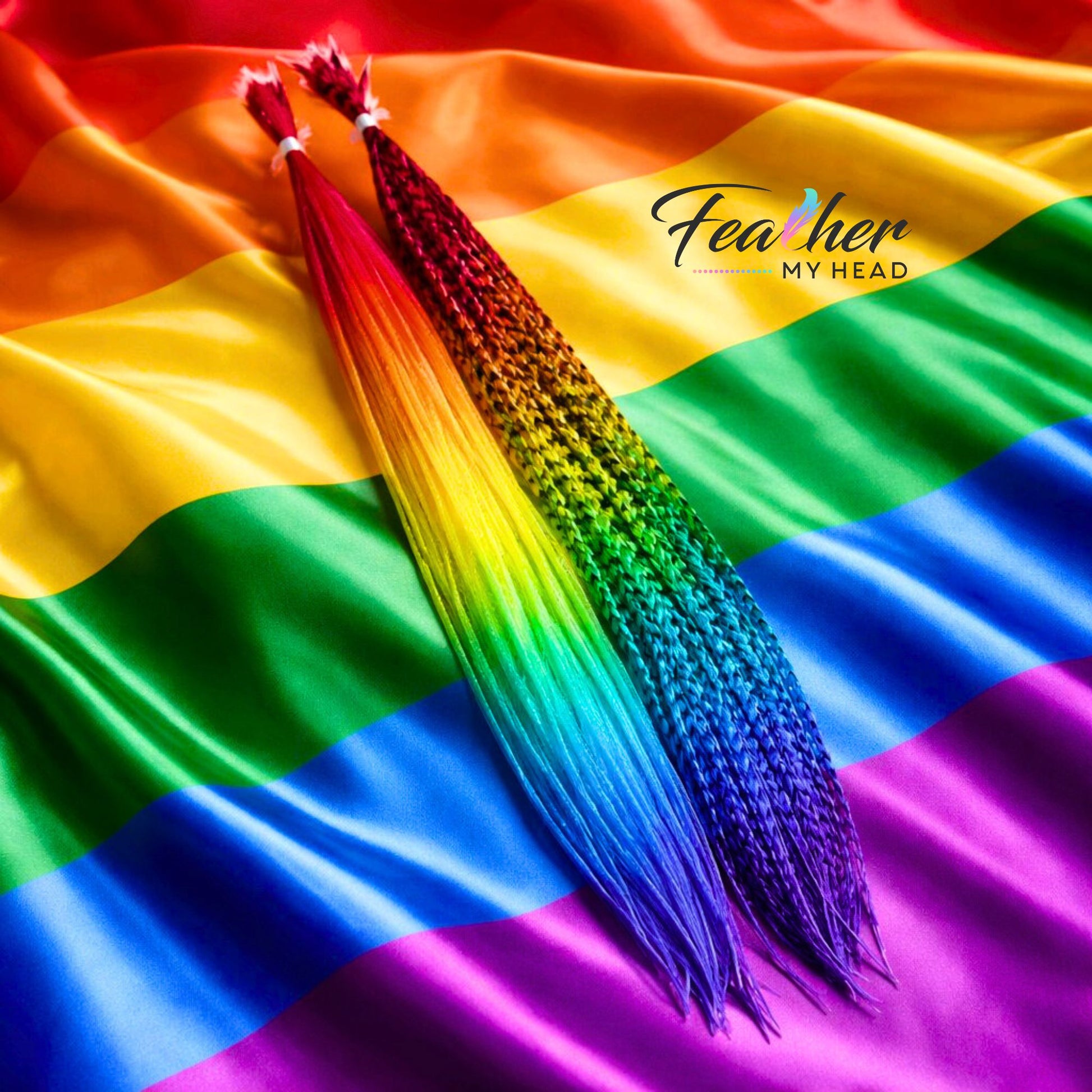 Love Is Love rainbow feather hair extension on rainbow flag background