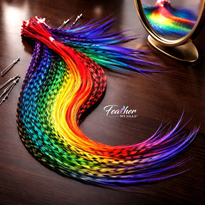 Love Is Love rainbow hair feather set in a full spectrum color blend