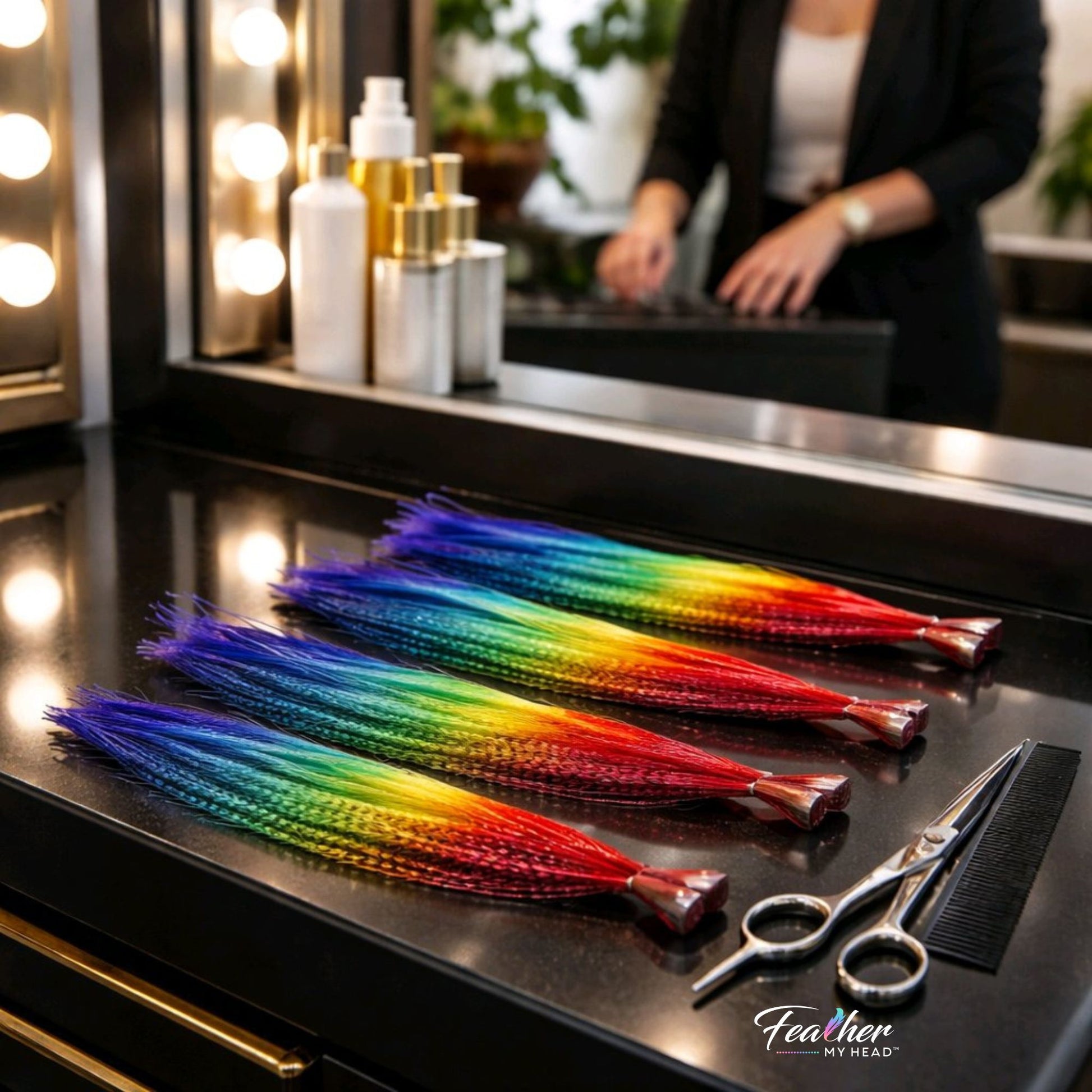 Love Is Love rainbow feather hair extensions displayed on a salon station
