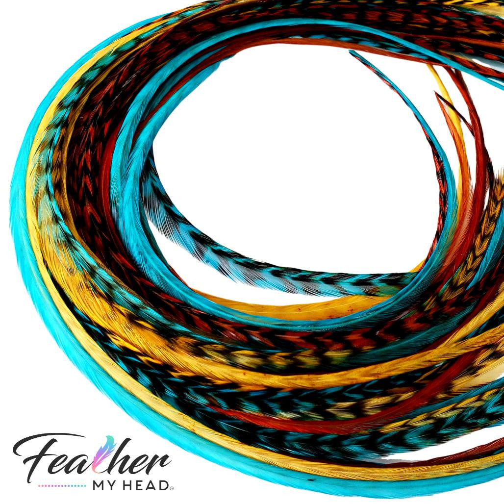 Moon Light Path Hair Feather Extension Collection of hair feathers dyed colors of Turquoise Blue, Ginger Brown and Butterscotch. 
