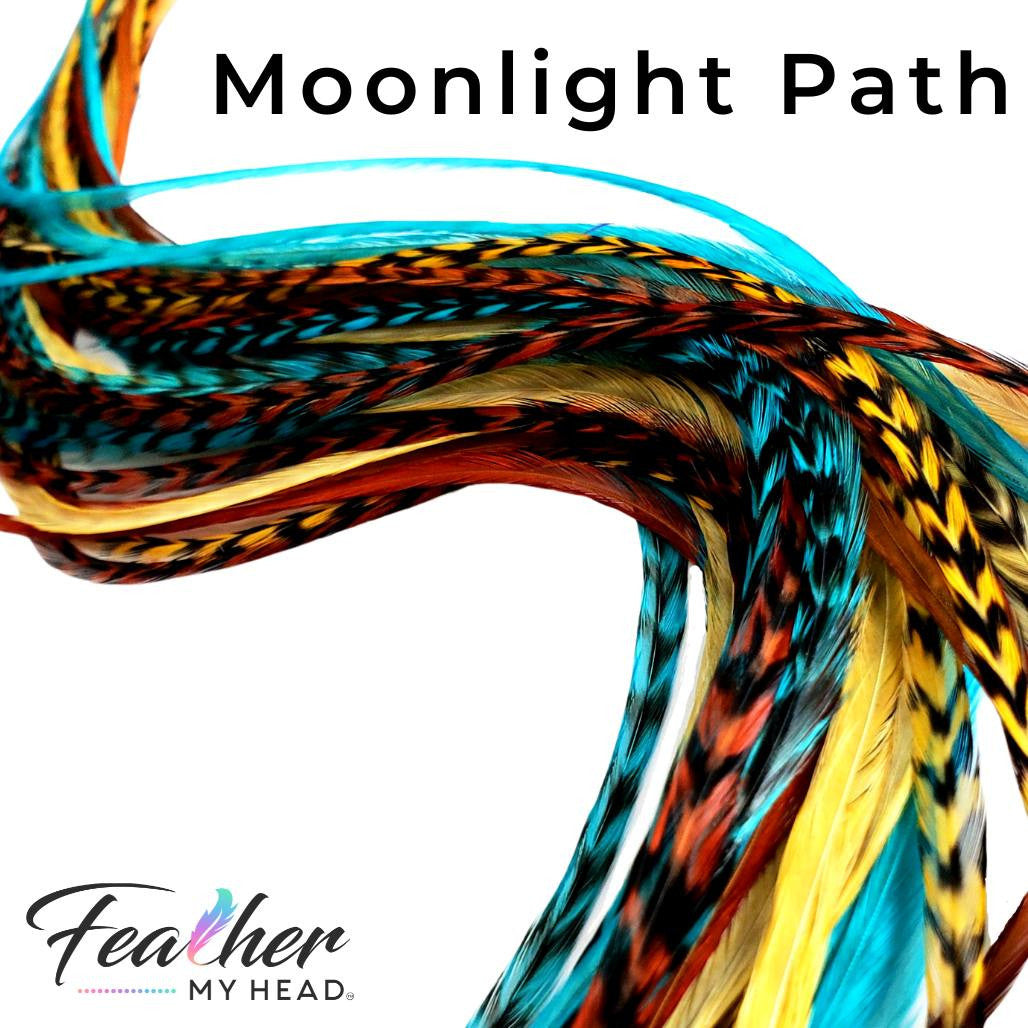 Moon Light Path Hair Feather Extension Collection of hair feathers dyed colors of Turquoise Blue, Ginger Brown and Butterscotch. 