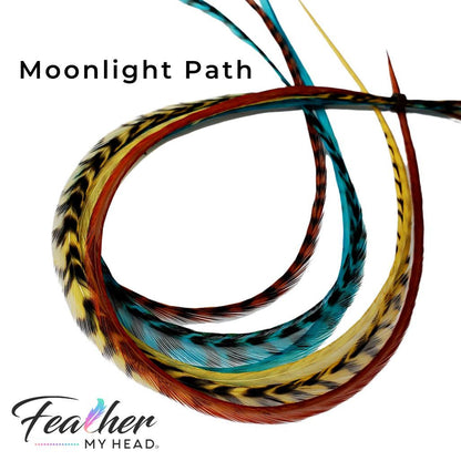 Moon Light Path Hair Feather Extension Collection of hair feathers dyed colors of Turquoise Blue, Ginger Brown and Butterscotch. 