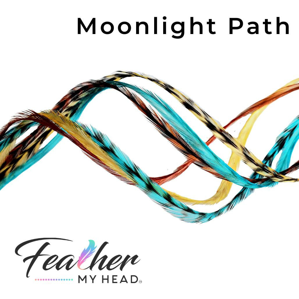 Moon Light Path Hair Feather Extension Collection of hair feathers dyed colors of Turquoise Blue, Ginger Brown and Butterscotch. 