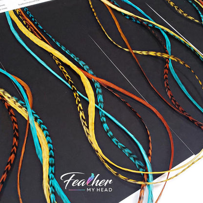 Moon Light Path Hair Feather Extension Collection of hair feathers dyed colors of Turquoise Blue, Ginger Brown and Butterscotch. 