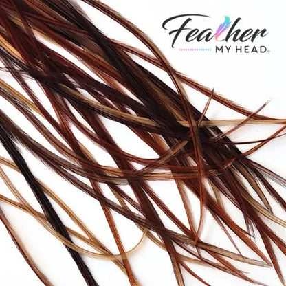 Natural medium brown rooster hair feather extensions in warm earthy brown