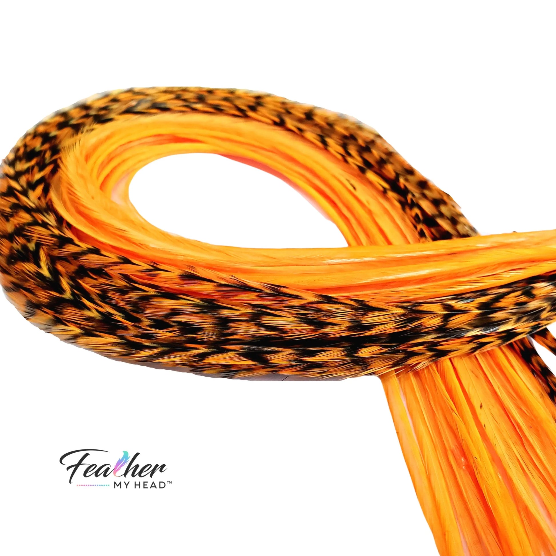 Extra-long neon orange hair feather extension 10–16+ inches, heat-safe up to 450F