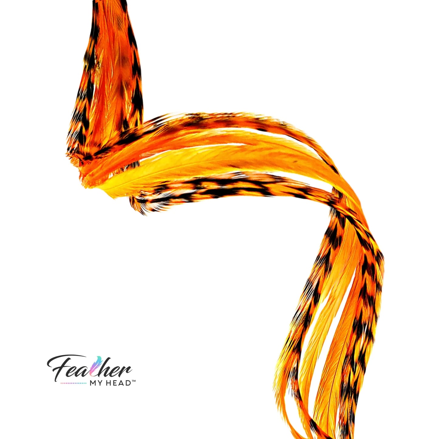 Neon orange hair feather extension single, UV reactive glow under black light
Neon orange hair feather extensions 6-piece set, hand-dyed in USA, extra-long