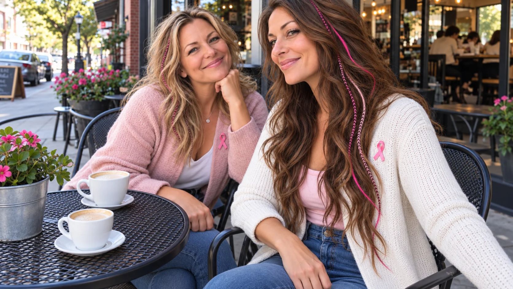 Two women at an outdoor café wearing long pink feather hair extensions and pink breast cancer awareness ribbon pins.