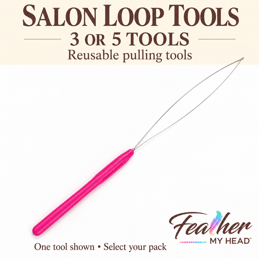 Pink-handled wire loop tool for installing feather hair extensions, available in packs of three or five.