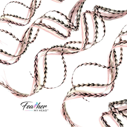 Our Strawberry Champagne Hair Feathers feature soft pink and creamy white hues, inspired by the sweetness of fresh strawberries and the elegance of champagne. These long, flowing feathers add a dreamy, romantic touch with a hint of playful charm.