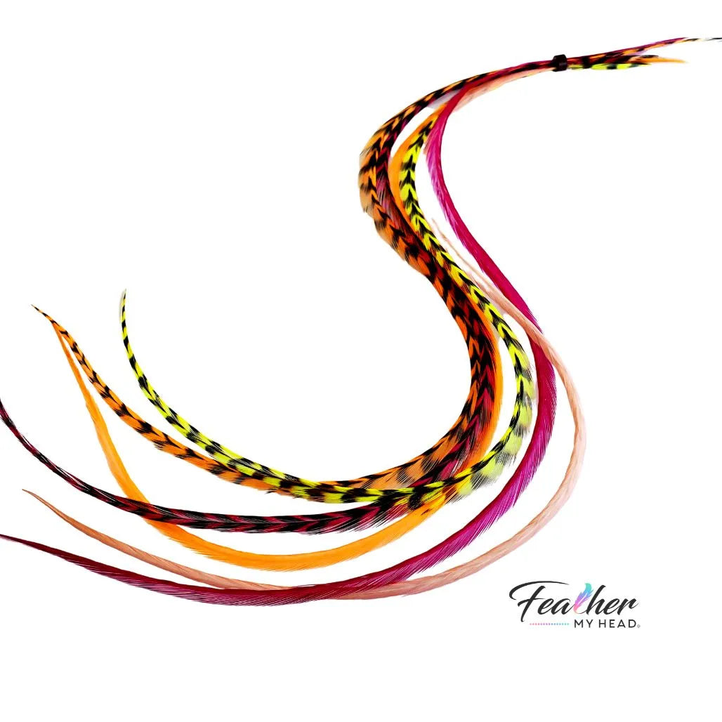 Tequila Sunrise Mix – Pink, Orange & Yellow Hair Feather Extensions
