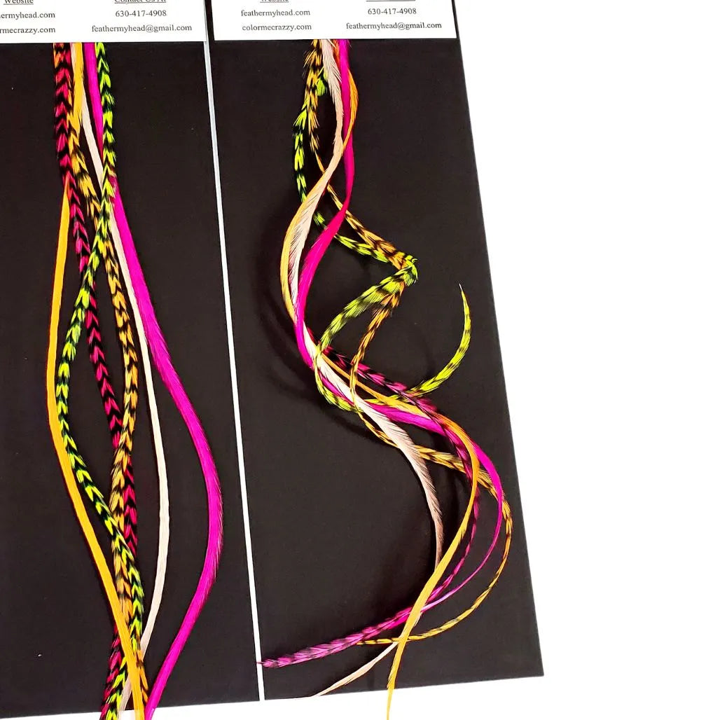 Tequila Sunrise Mix – Pink, Orange & Yellow Hair Feather Extensions