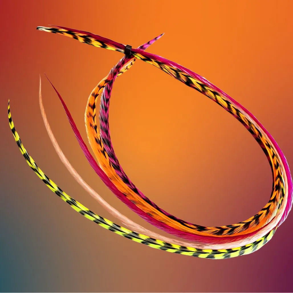 Tequila Sunrise Mix – Pink, Orange & Yellow Hair Feather Extensions