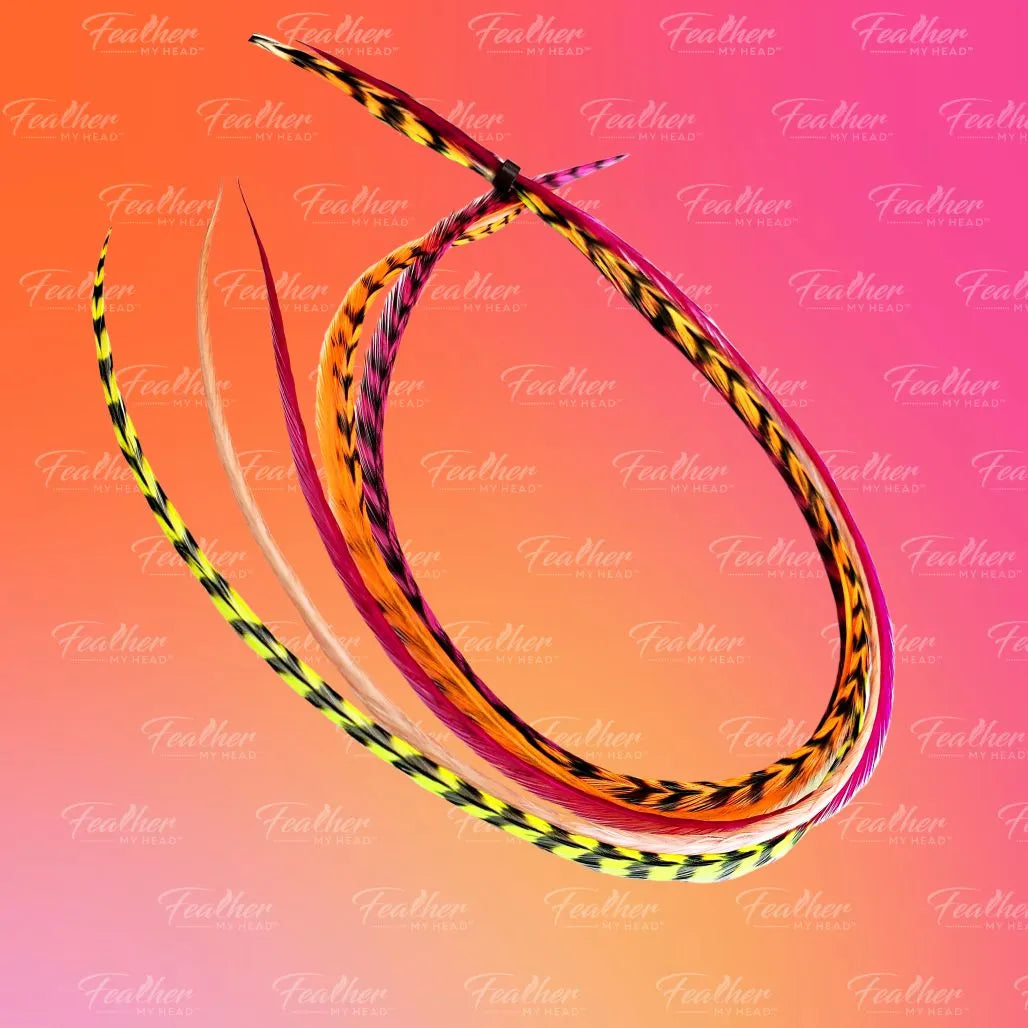 Tequila Sunrise Mix – Pink, Orange & Yellow Hair Feather Extensions