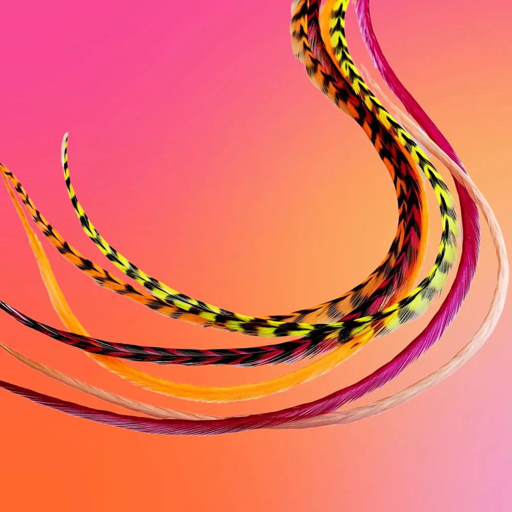Tequila Sunrise Mix – Pink, Orange & Yellow Hair Feather Extensions