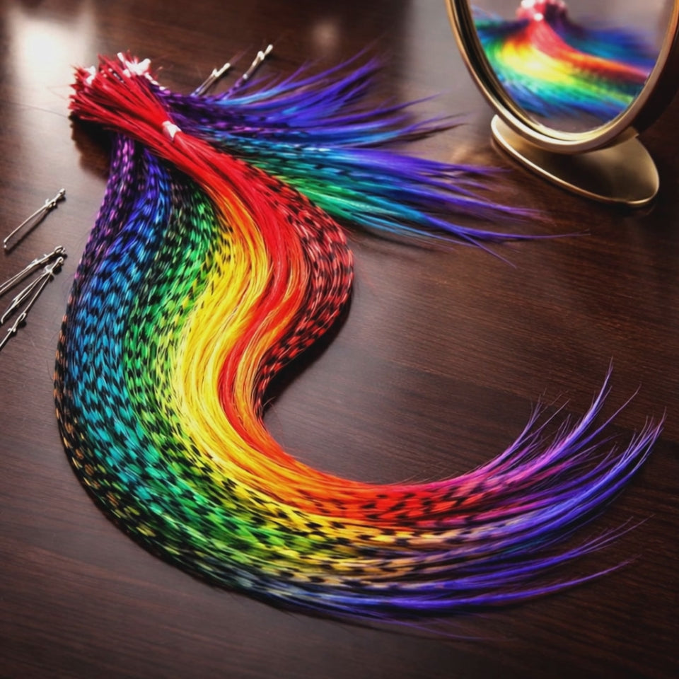 Video of Love Is Love rainbow hair feather extensions showing color, texture, and length details