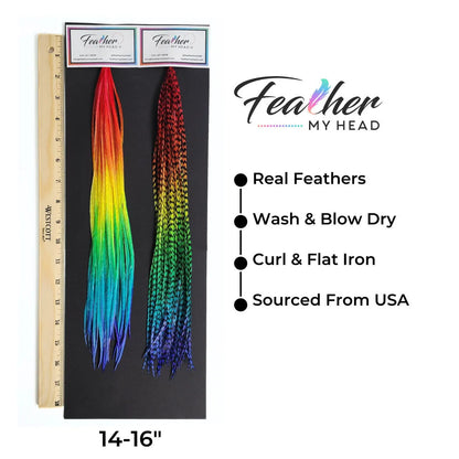 Hair Feather Extensions in rainbow colors of red, orange, yellow, green, blue, and purple. Short and Long Hair Feathers available. Hair Feathers by Feather My Head