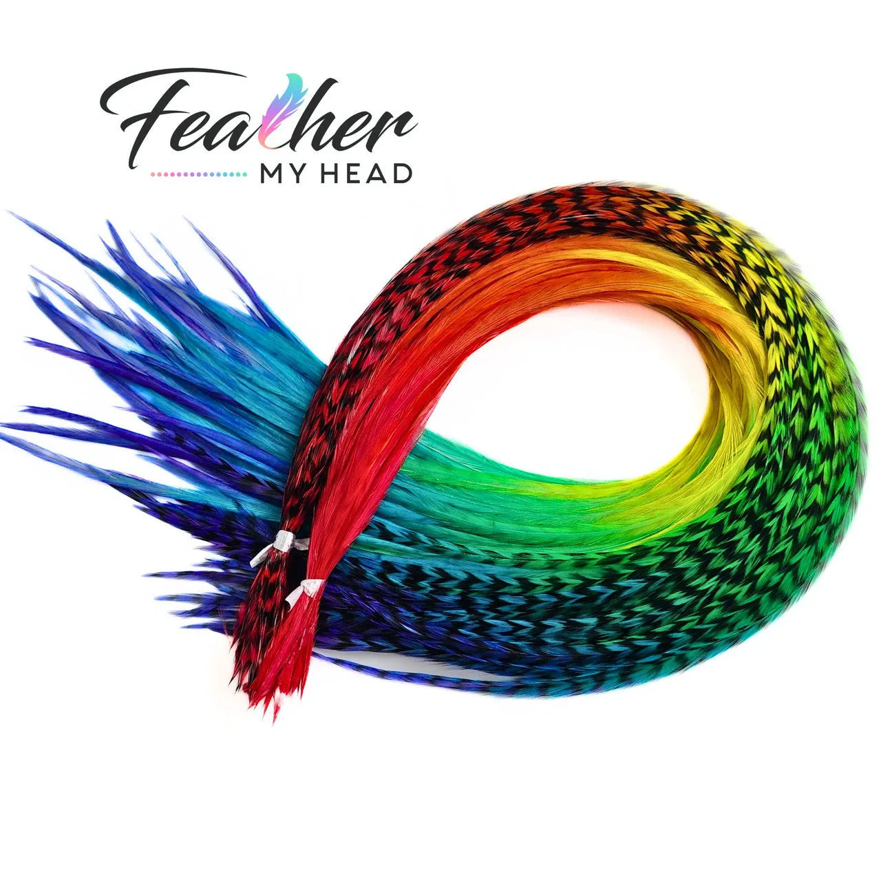 Hair Feather Extensions in rainbow colors of red, orange, yellow, green, blue, and purple. Short and Long Hair Feathers available. Hair Feathers by Feather My Head