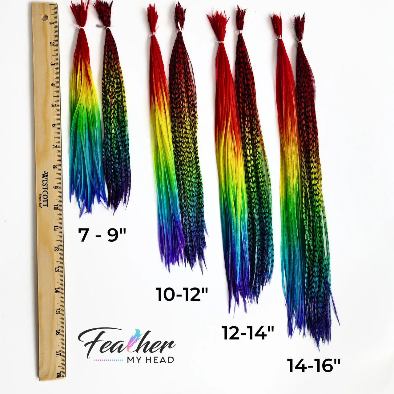 Hair Feather Extensions in rainbow colors of red, orange, yellow, green, blue, and purple. Short and Long Hair Feathers available. Hair Feathers by Feather My Head