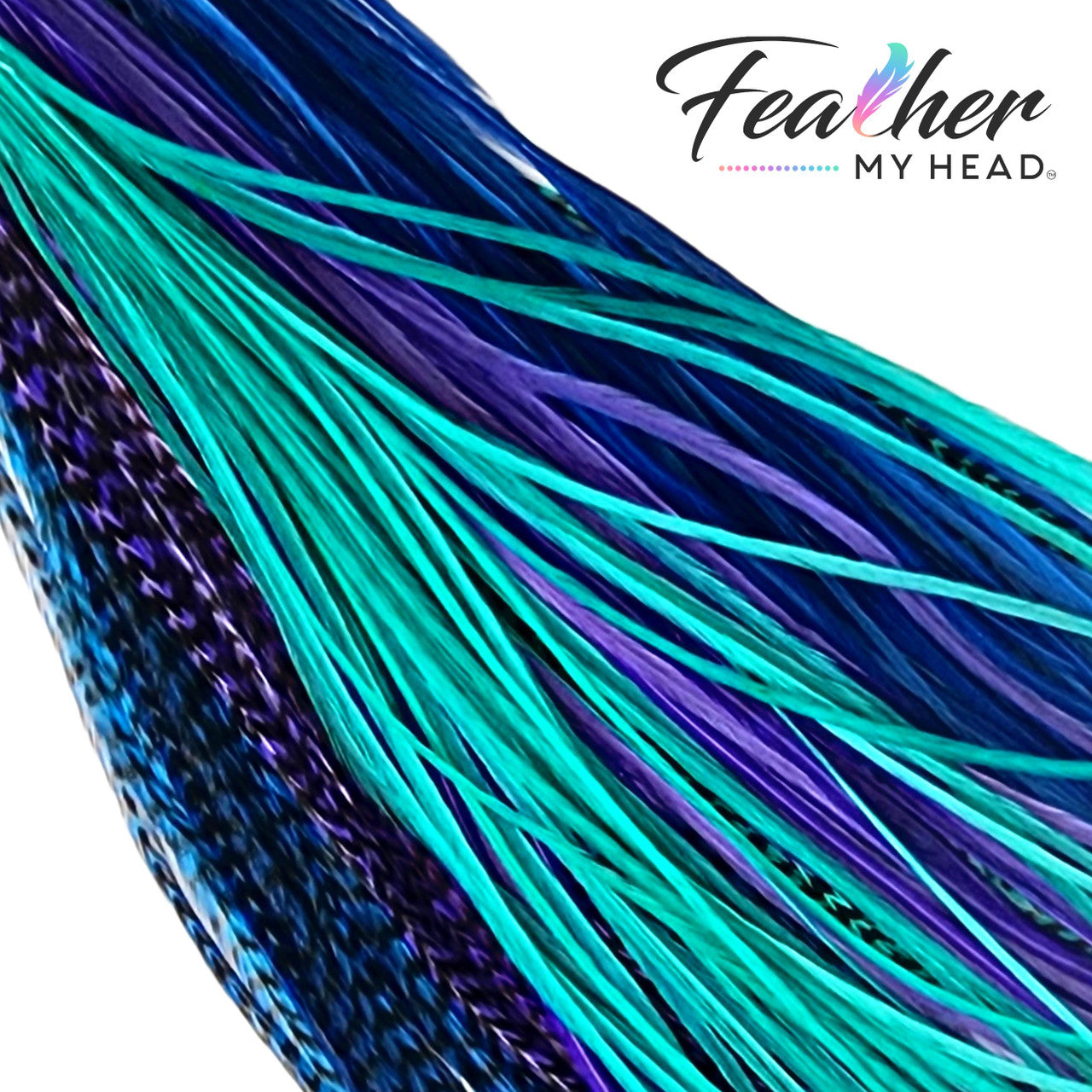 Feather My Head hair feathers in colors of aqua green, purple and blue