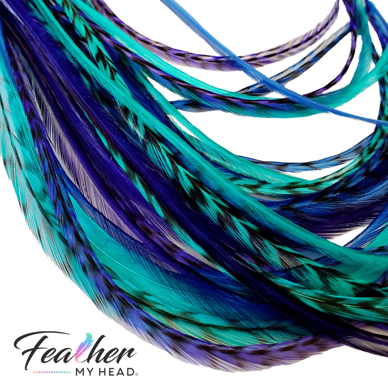 Feather My Head hair feathers in colors of aqua green, purple and blue