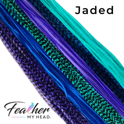 Feather My Head hair feathers in colors of aqua green, purple and blue