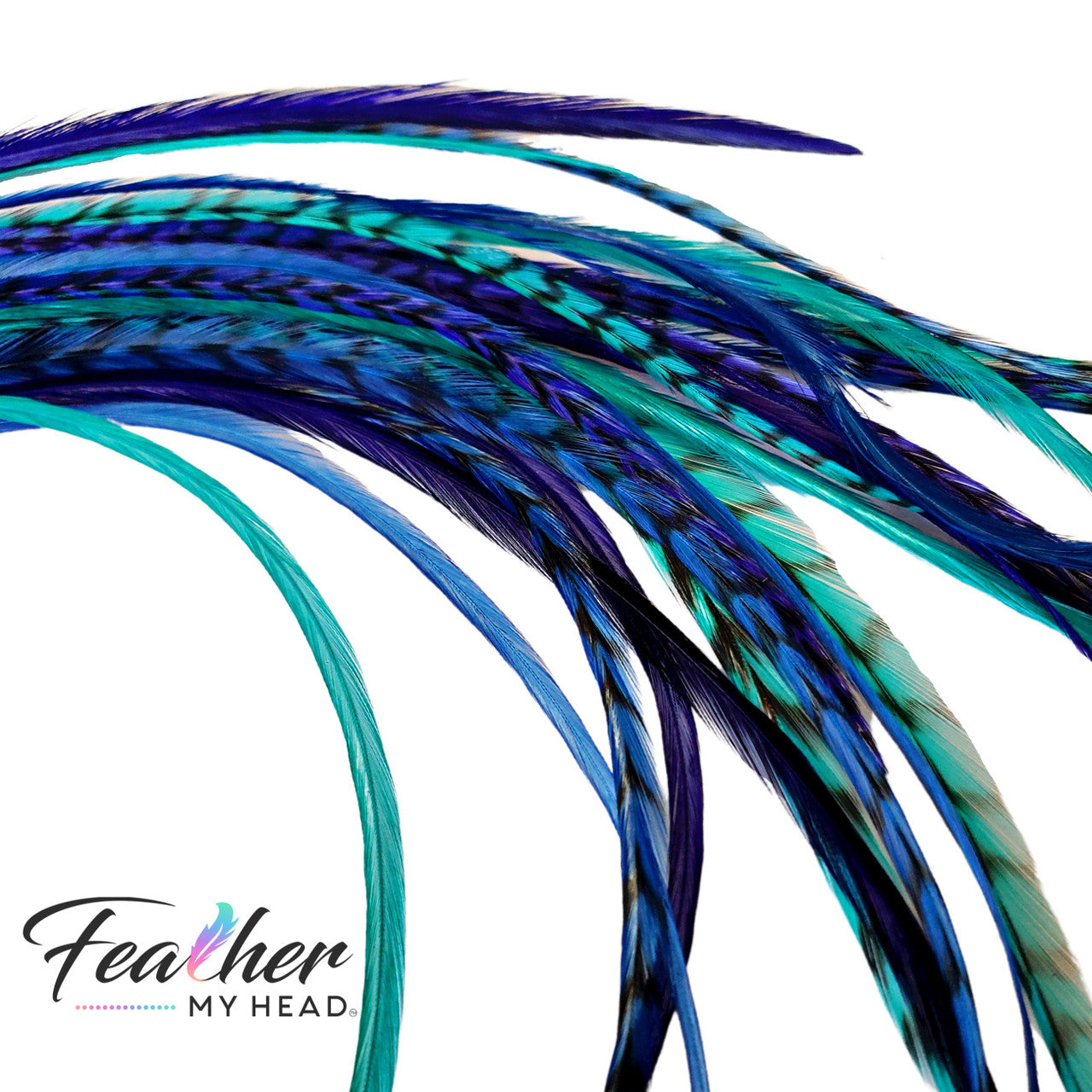 Feather My Head hair feathers in colors of aqua green, purple and blue