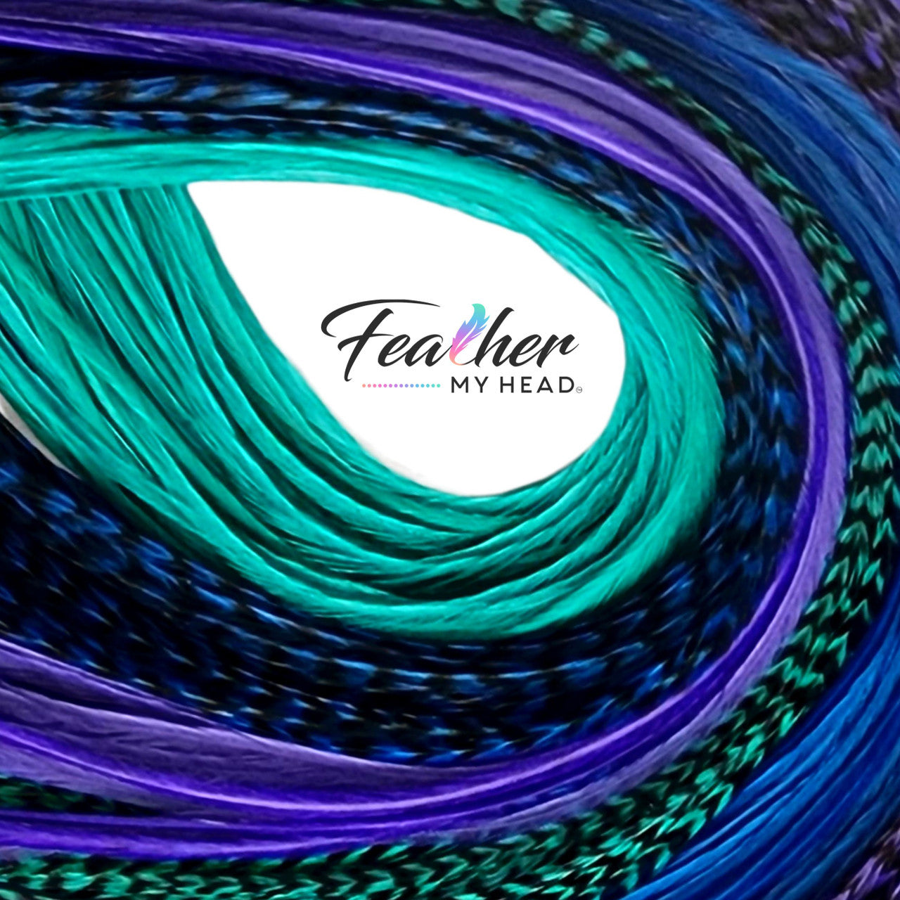 Feather My Head hair feathers in colors of aqua green, purple and blue