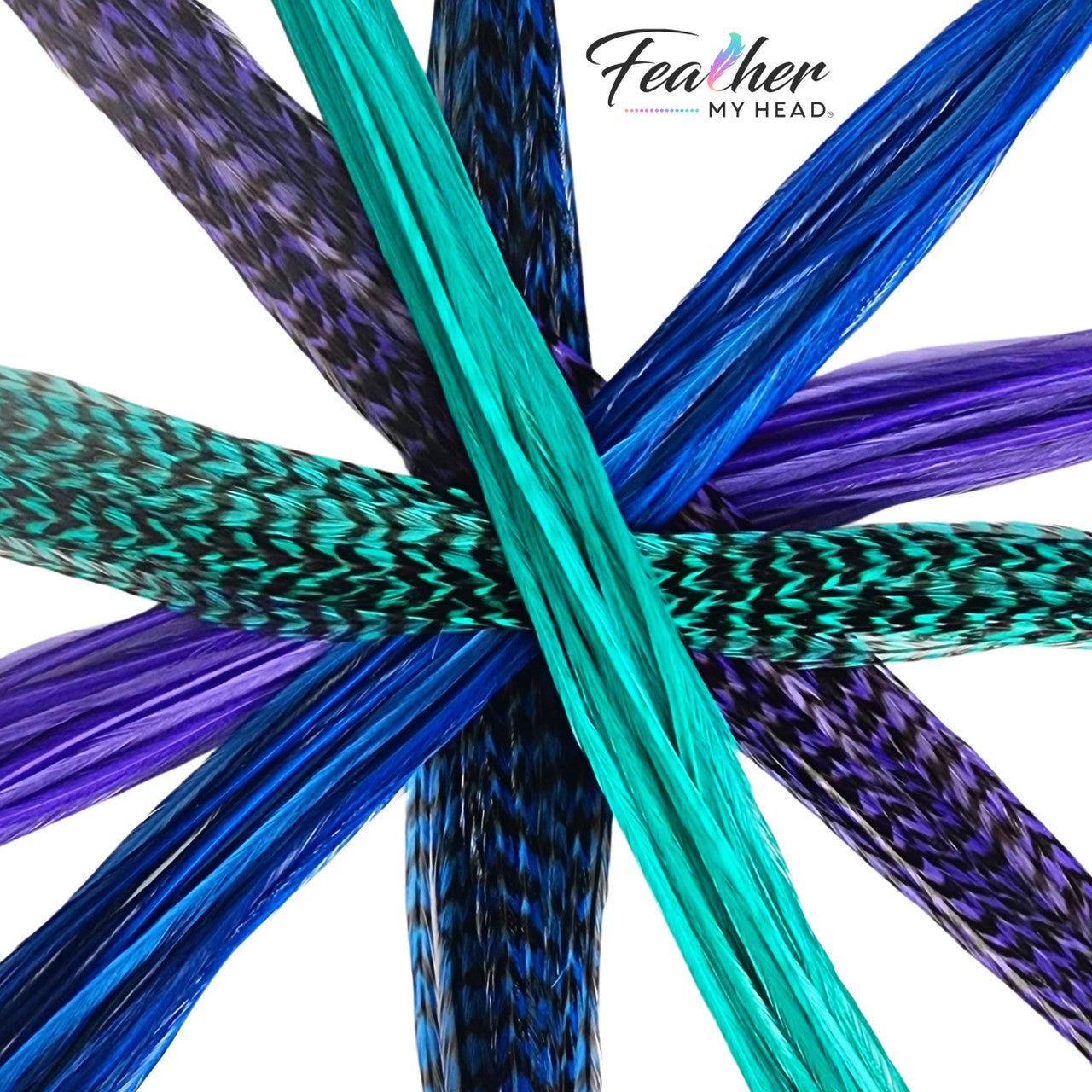 Feather My Head hair feathers in colors of aqua green, purple and blue