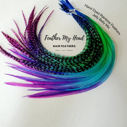 Rainbow hair feather kit., Hand dyed feathers in blue turquoise purple and green