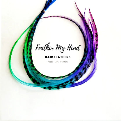 Rainbow hair feather kit., Hand dyed feathers in blue turquoise purple and green