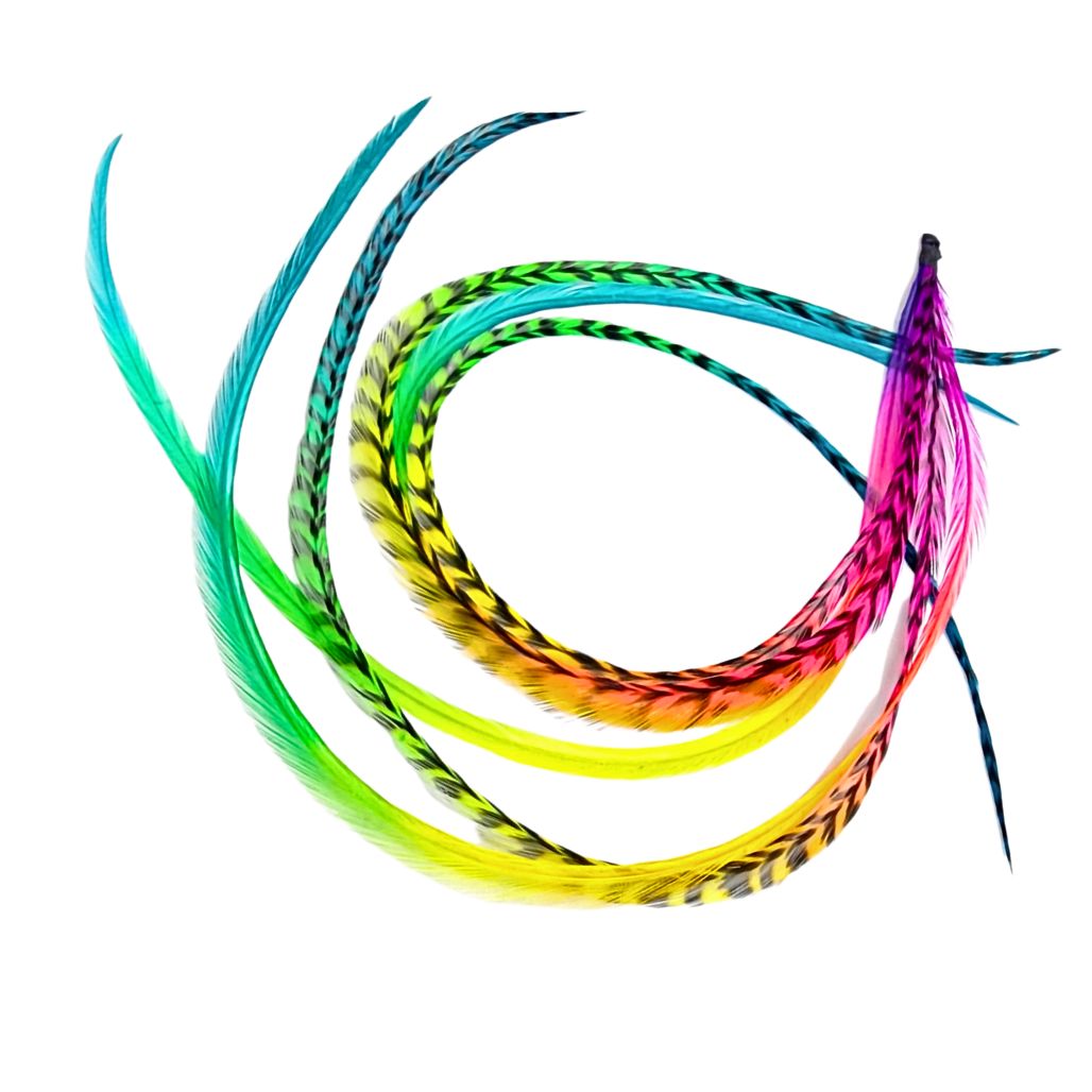 Real Butterfly Kisses rainbow tie-dye rooster feather extensions with turquoise, pink, yellow and green tones.