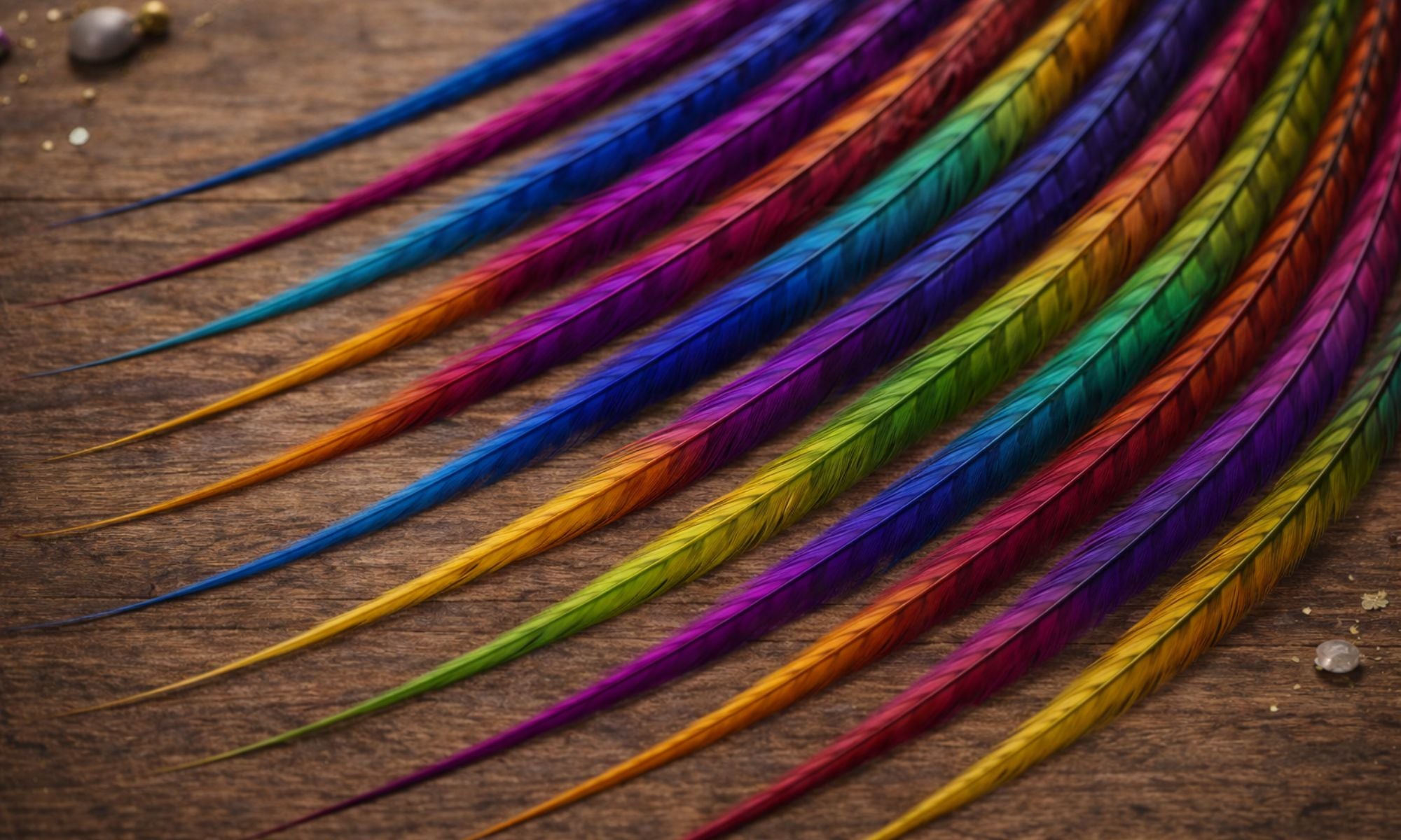 Rainbow feather hair extensions with soft three-color ombré fades arranged on a rustic wood background for a colorful collection banner.