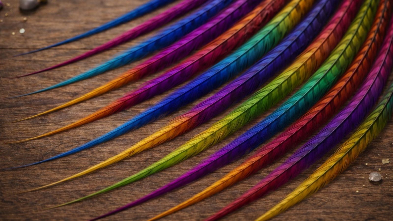 Rainbow hair feather extensions with bright multicolor ombre blends displayed on a wood background for the Feather My Head rainbow collection